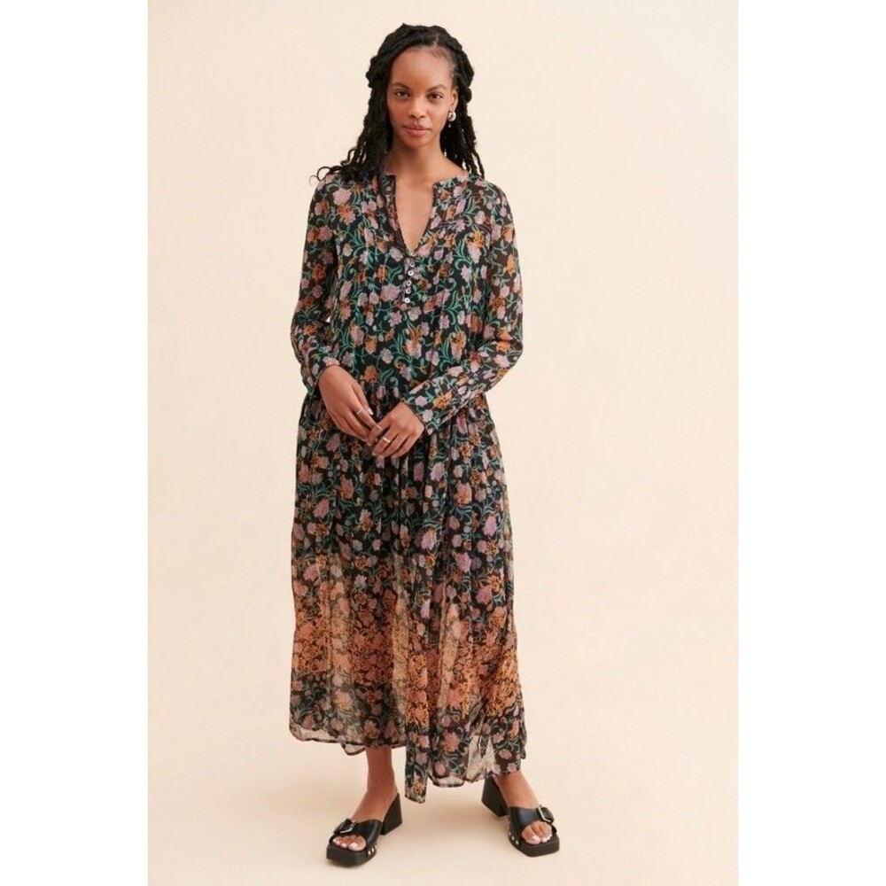 Free People See It Through Maxi Dress Floral Printed Black V Neck S NWT 285157